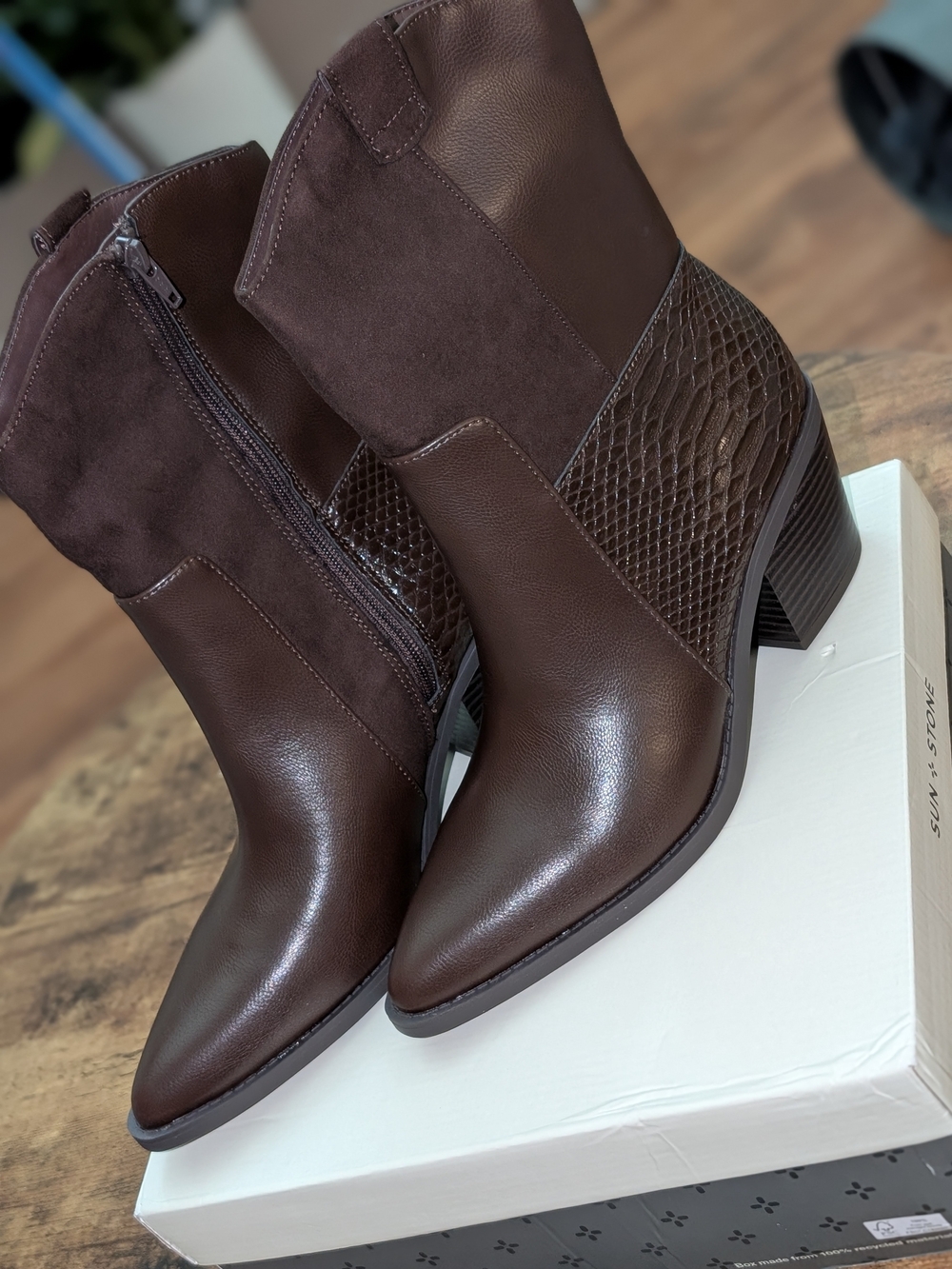 Sun + Stone "Bianca" Brown Mid-Heel Ankle Boots - Stylish Textured Panel Design
